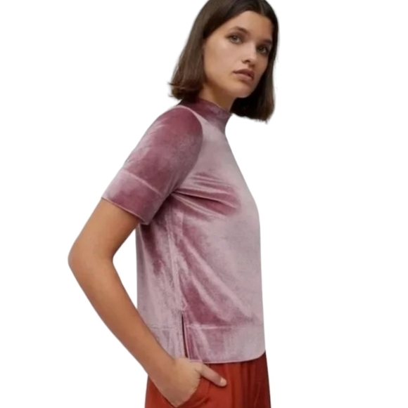 By Anthropologie Pink Rose Krista Velvet short sleeve mockneck top holiday girly - Picture 2 of 12